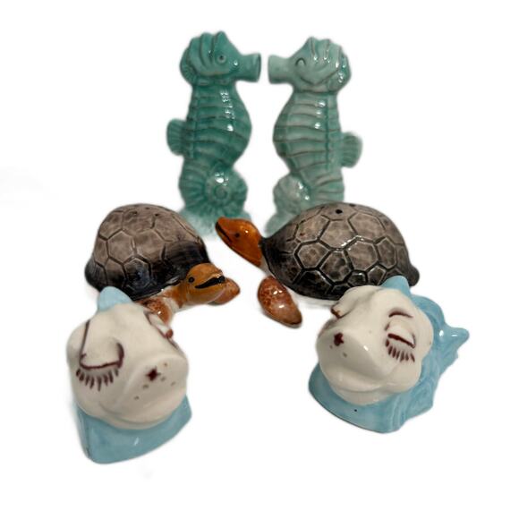 Vintage Lot 5 Ocean Fish Ceramic Salt Pepper Shakers SeaHorse Turtle Dolphin - Picture 9 of 9
